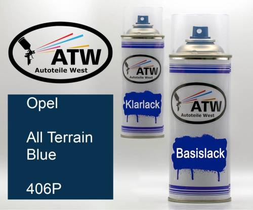 Opel, All Terrain Blue, 406P: 400ml Sprühdose + 400ml Klarlack - Set, von ATW Autoteile West.